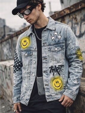 THRT Denim Jacket Small Hand Painted Graffiti HardStreetwear Distressed Rare
